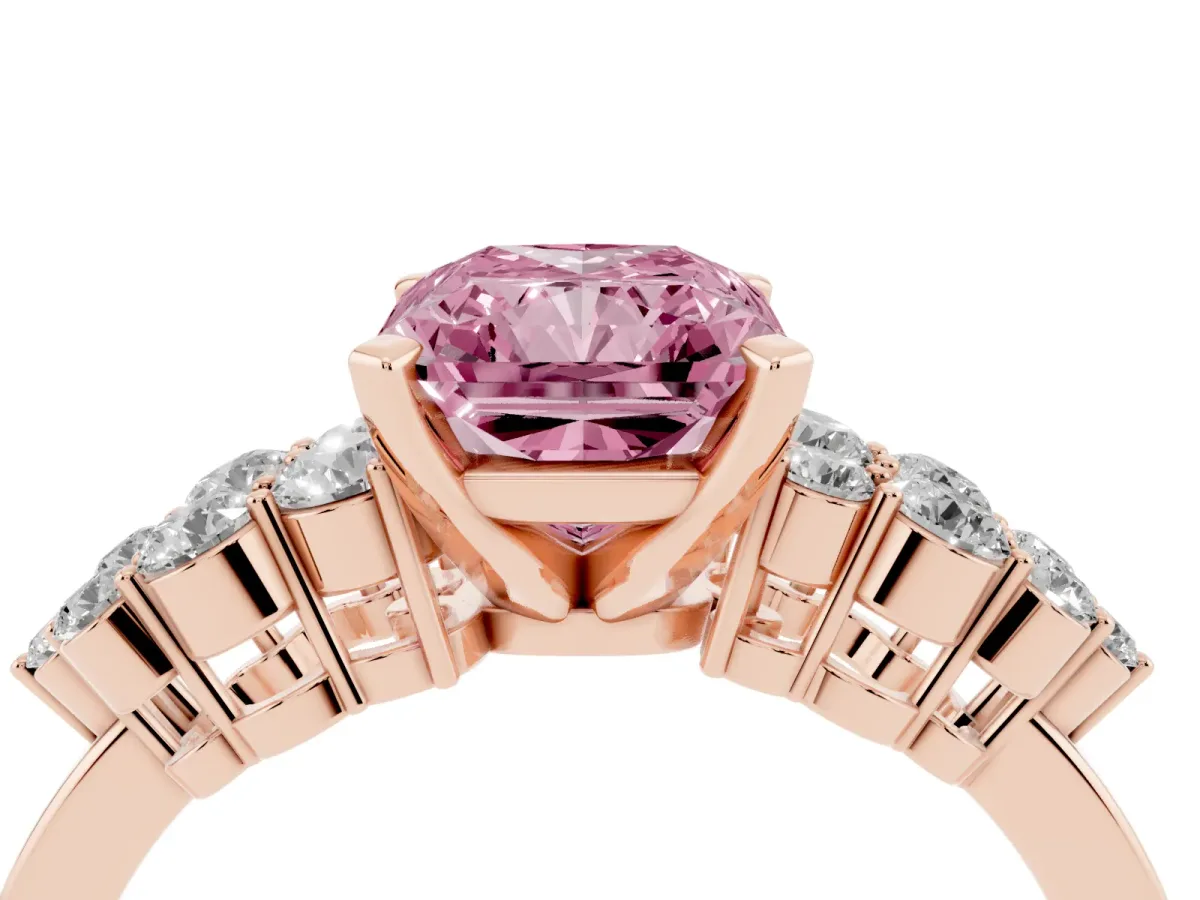 Fancy Pink Radiant Cut Cluster Diamond Engagement Ring with Pavé Band and Four-Prong Setting Rose gold