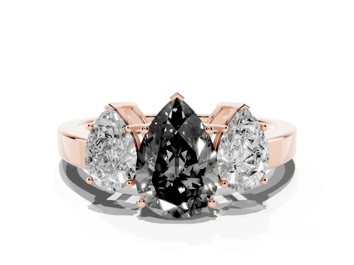 Fancy Black Three-Stone Pear Cut Cut Diamond Engagement Ring with Flat Band and Four-Prong Setting Rose gold
