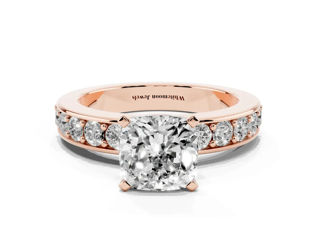 Cushion Cut Diamond Engagement Ring with Channel Set Round Band and Prong Setting Rose gold