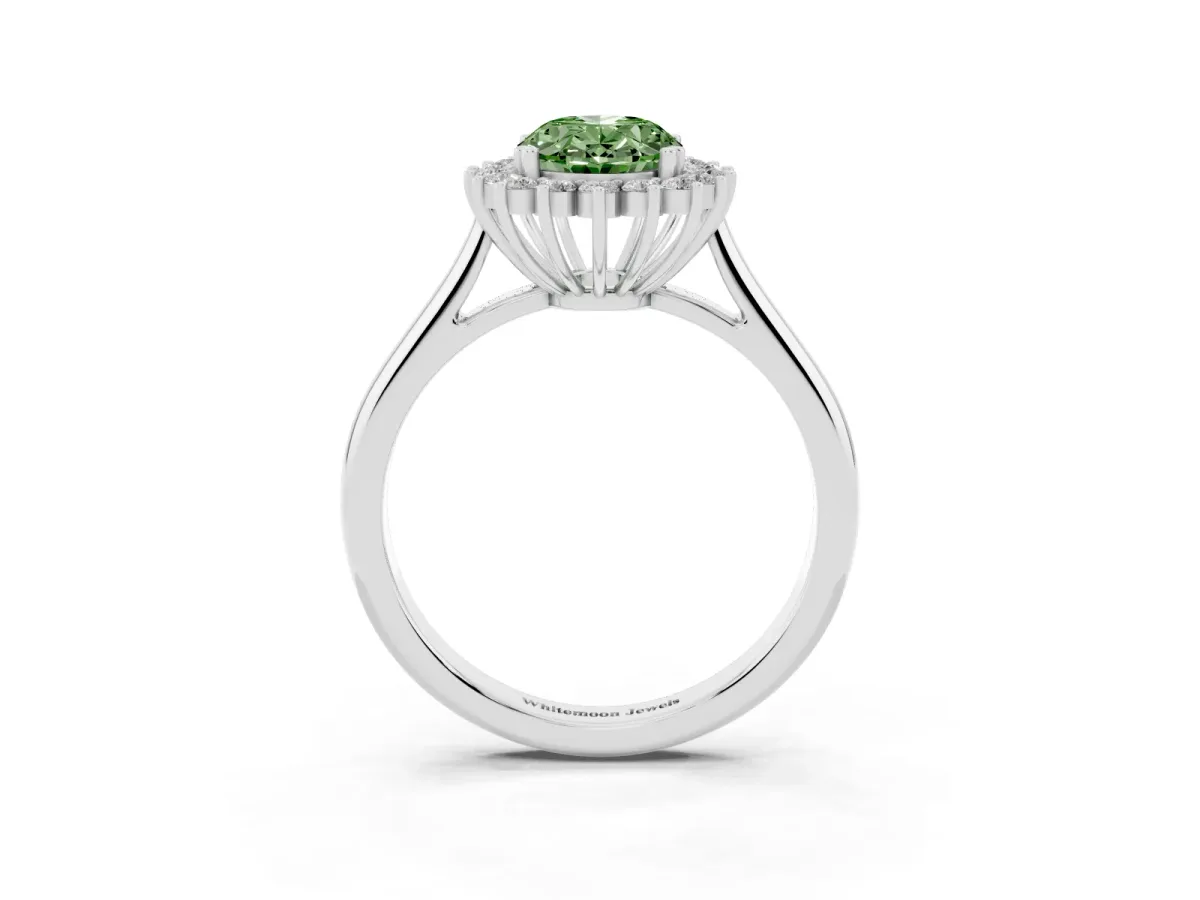 Fancy Green Oval Cut Cut Diamond Halo Ring with Solitaire Band and Prong Setting Platinum