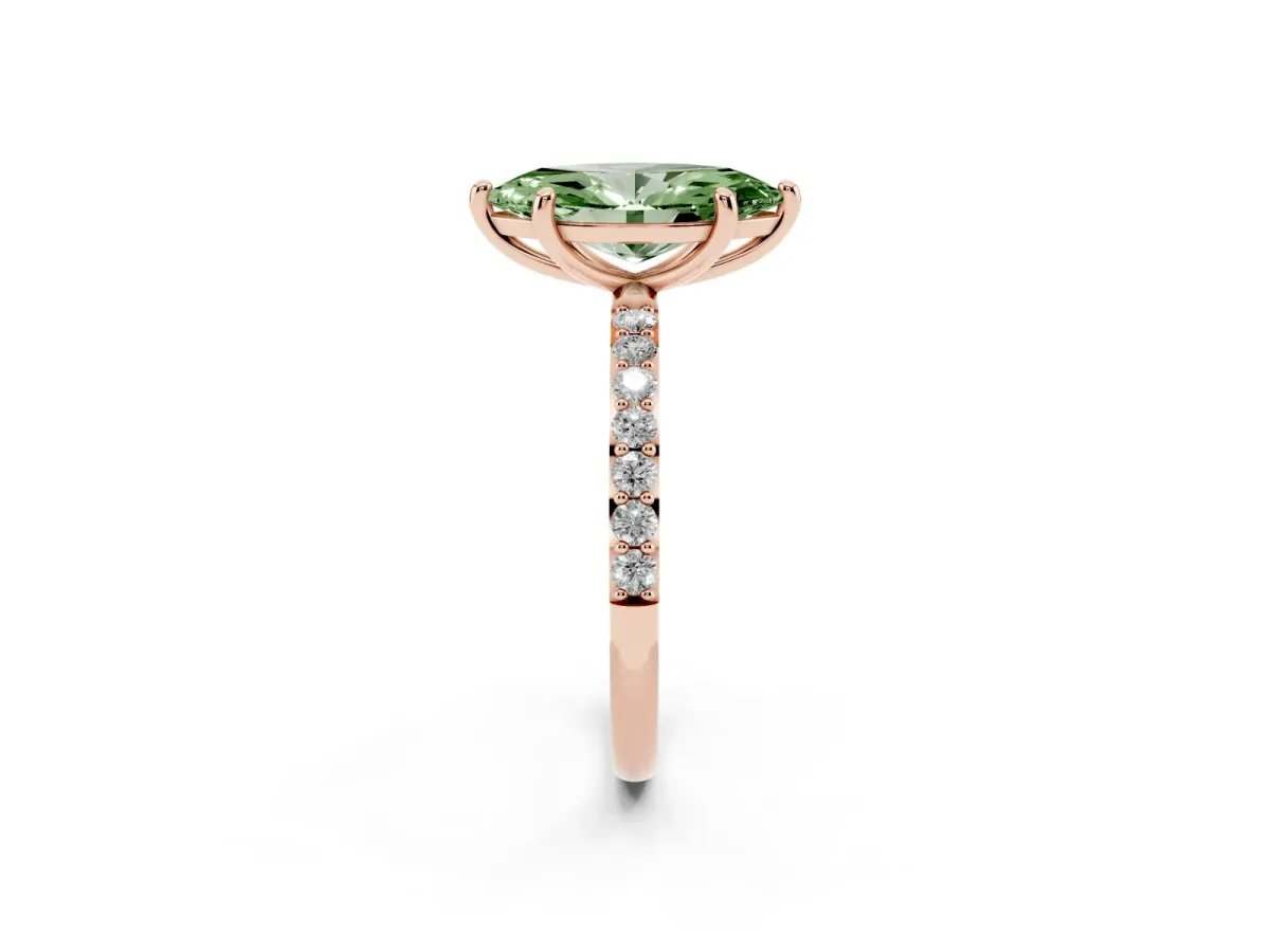 Fancy Green Marquise Cut Diamond Solitaire Ring with Round Pavé Band and Prong Setting Rose gold