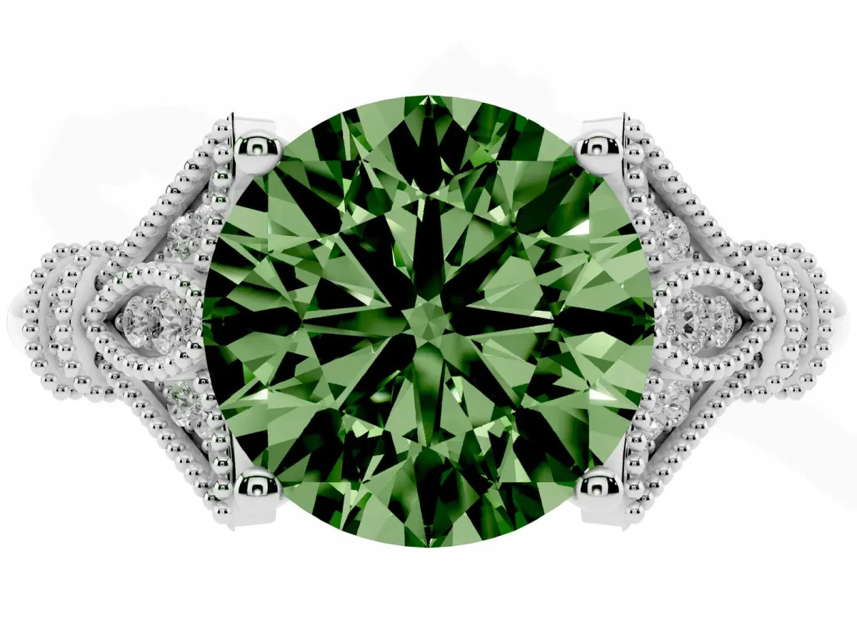 Fancy Green Round Cut Diamond Solitaire Ring with Floral Filigree and Pave Accents Platinum