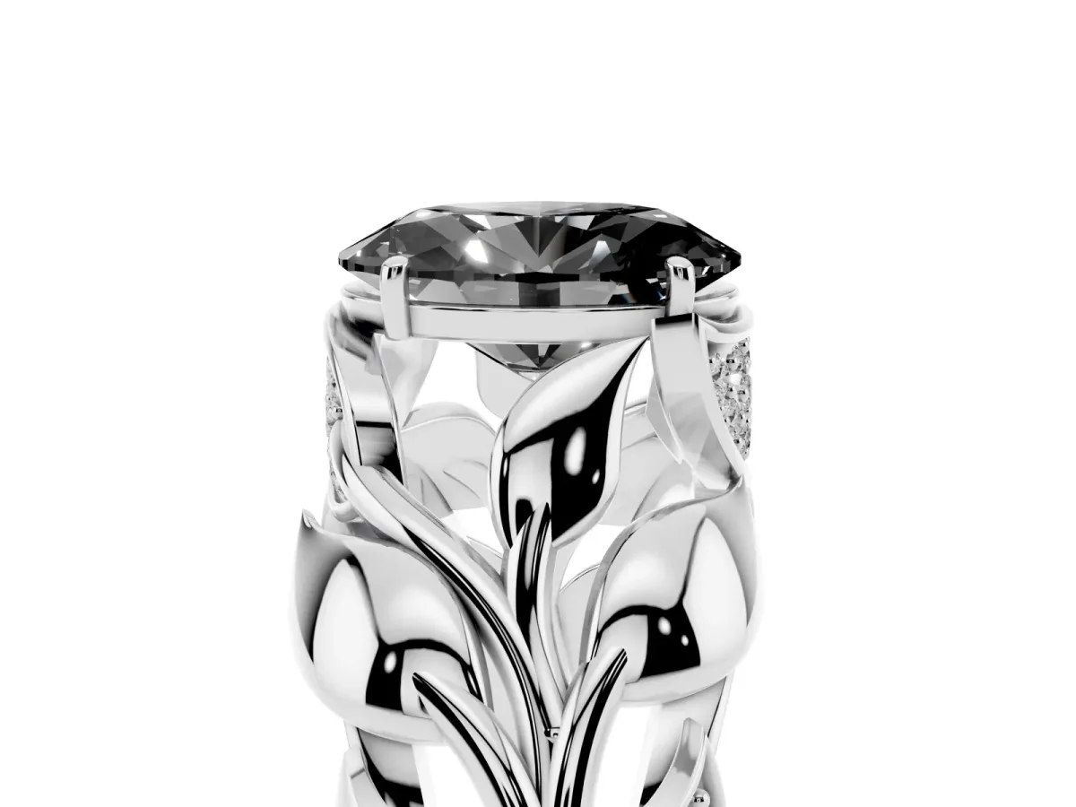 Fancy Black Oval Cut Diamond Leaf-Inspired Engagement Ring with Round Accents and Prong Setting Silver