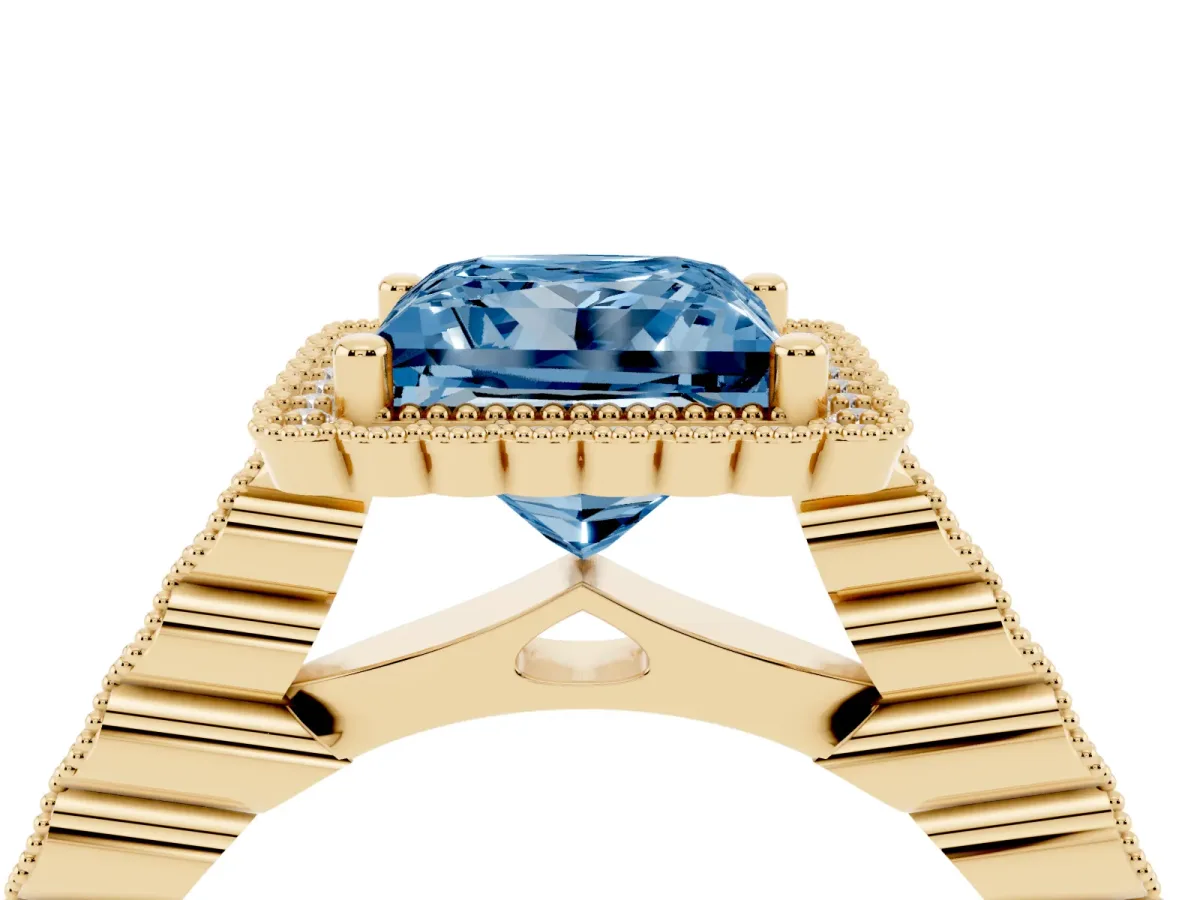 Fancy Blue Princess Cut Cut Halo Pavé Solitaire Ring with Milgrain Band Yellow gold