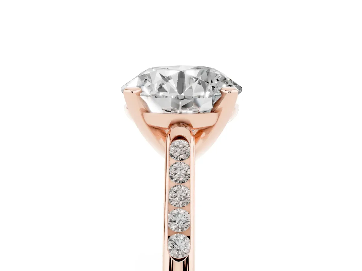 Round Cut Diamond Solitaire Ring with Channel Set Round Band and Prong Setting Rose gold