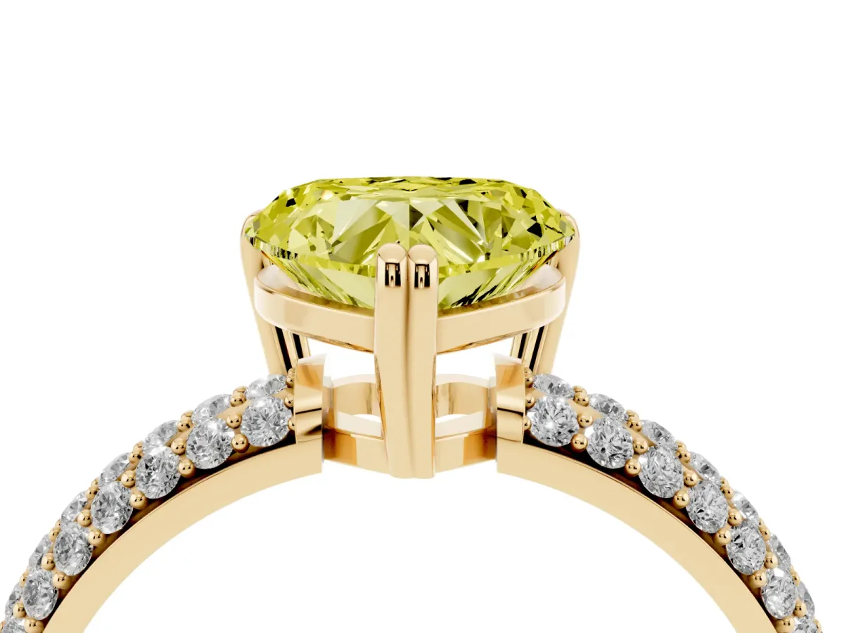 Fancy Yellow Heart Cut Diamond Solitaire Ring with Multi-Row Round Pavé Band and Prong Setting Yellow gold