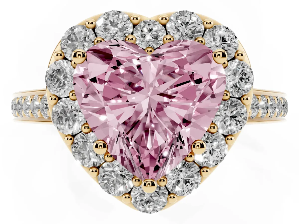 Fancy Pink Heart Cut Diamond Floral Halo Ring with Pavé Band and Prong Setting Yellow gold