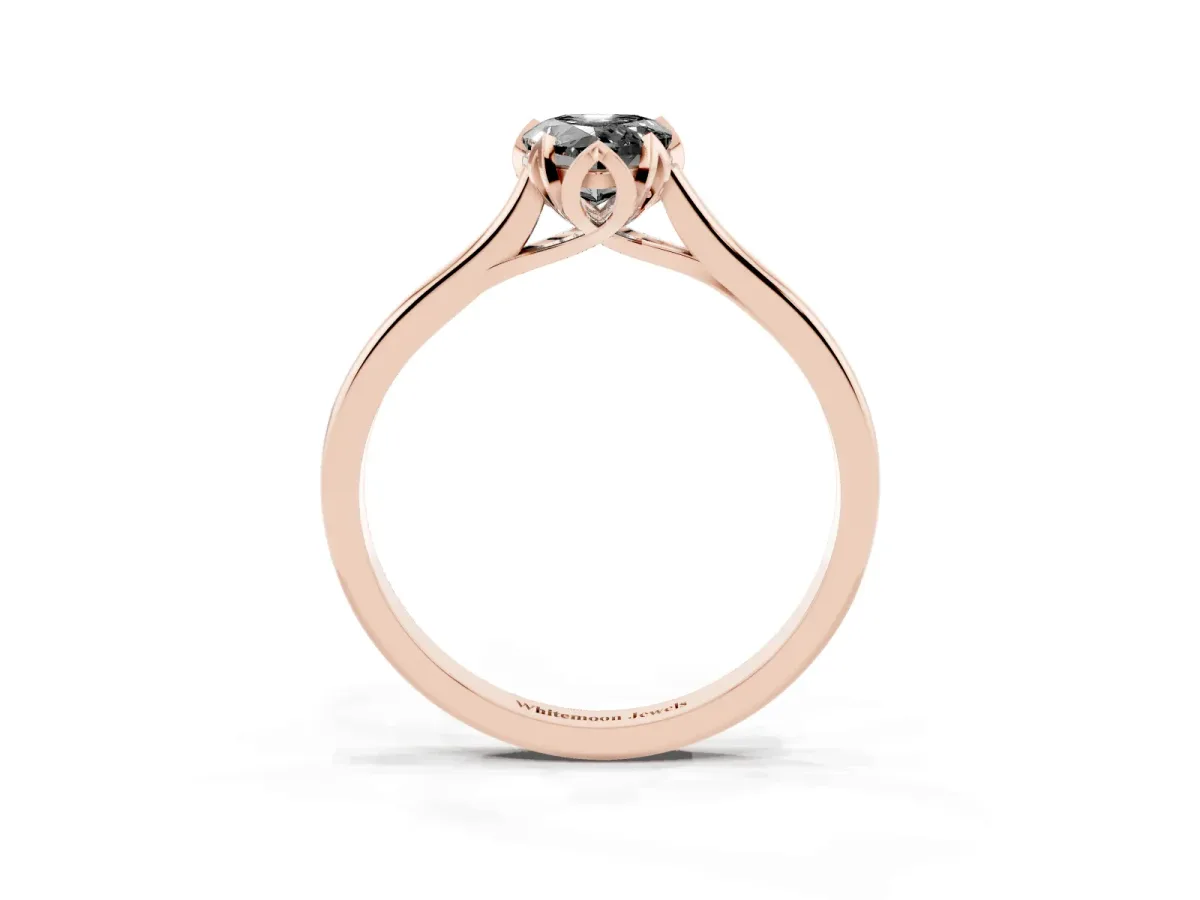 Fancy Black Pear Cut Diamond Solitaire Ring with Flower Prong Setting and Classic Band Rose gold