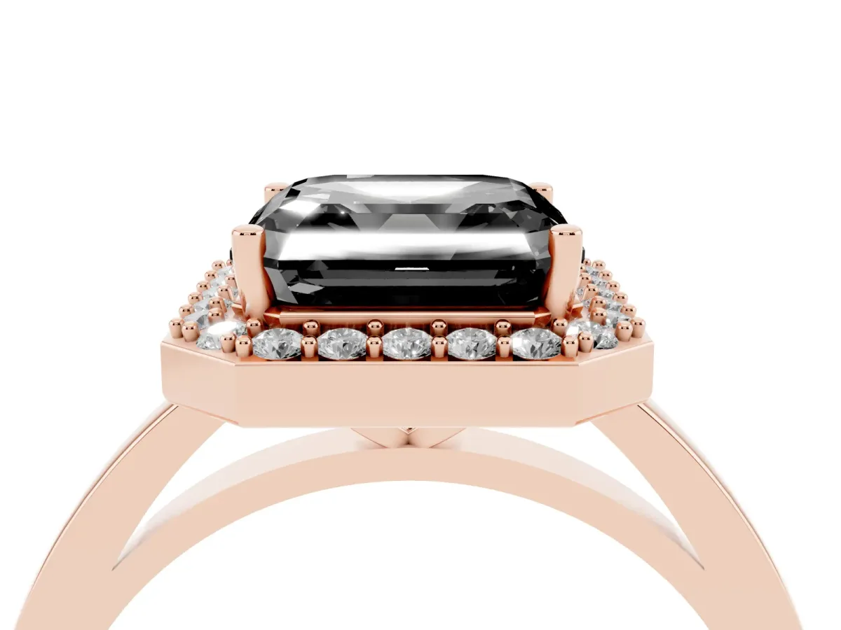 Fancy Black Asscher Cut Halo Diamond Ring with Solitaire Band and Prong Setting Rose gold