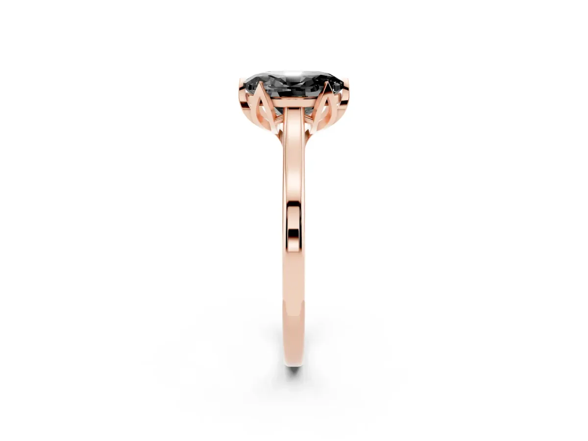 Fancy Black Oval Cut Diamond Solitaire Ring with Flower Prong Setting and Classic Band Rose gold
