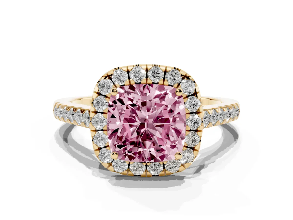 Fancy Pink Cushion Cut Halo Pave Diamond Engagement Ring with Four-Prong Setting Yellow gold