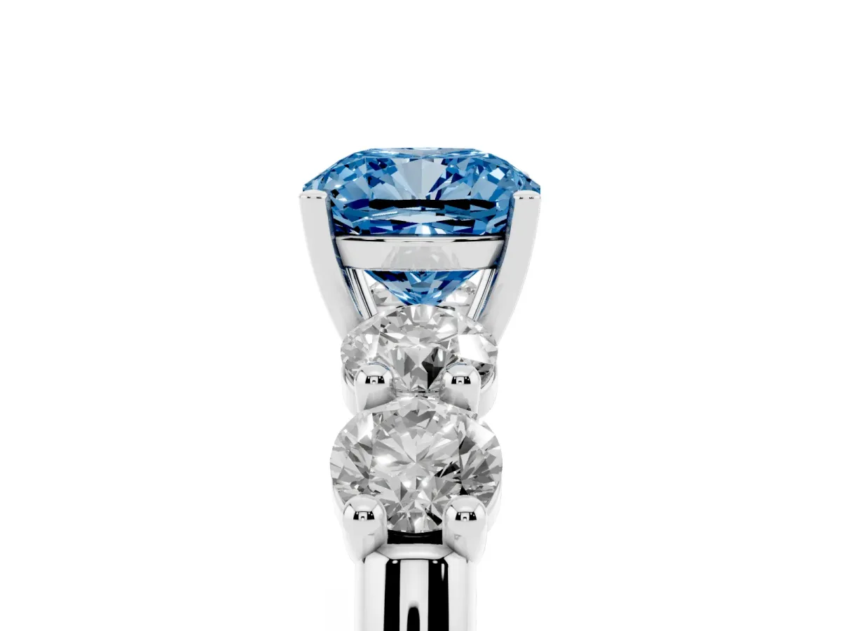 Fancy Blue Cushion Cut Cut Five-Stone Prong Set Diamond Ring with Classic Band Silver