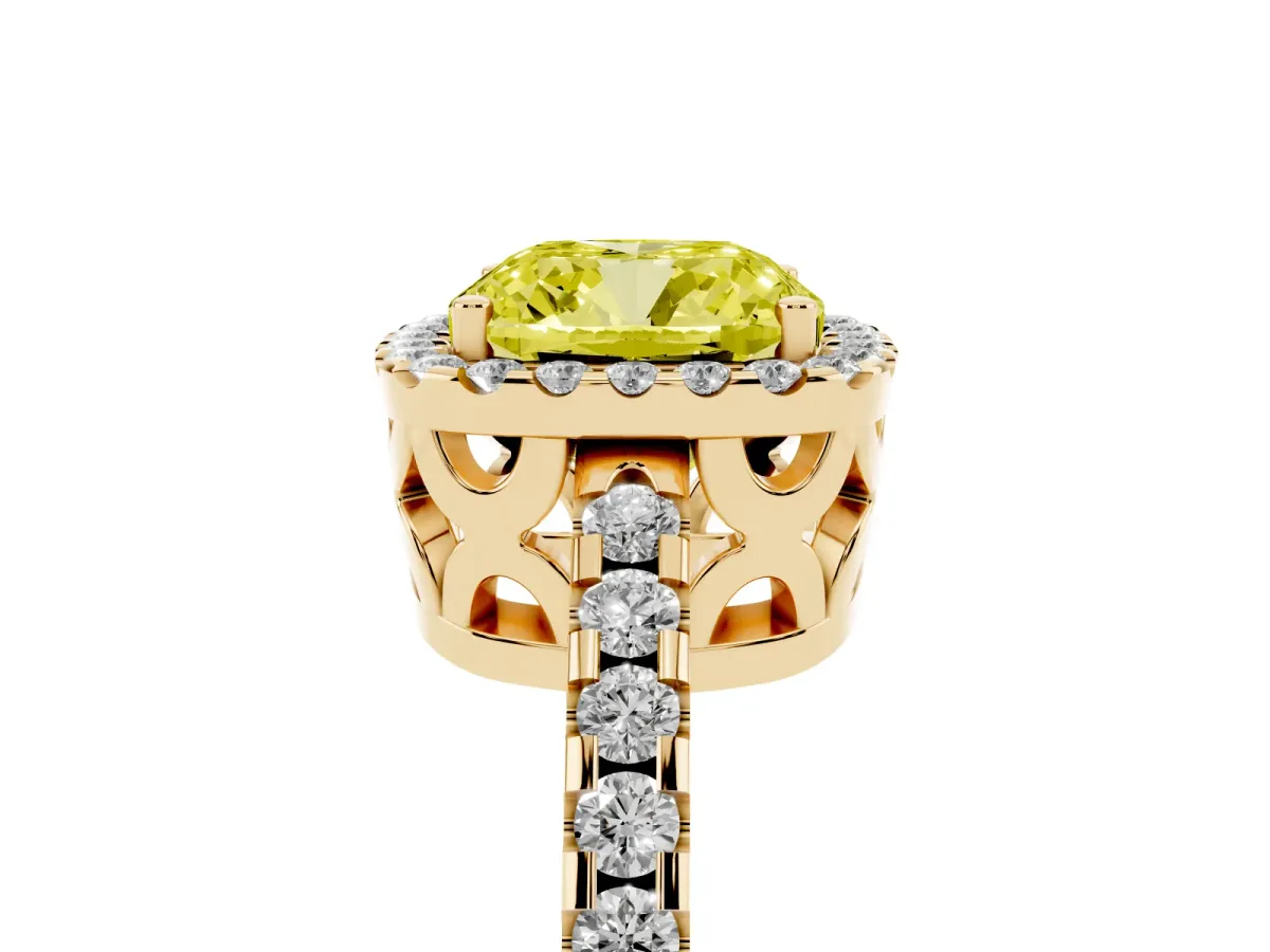 Fancy Yellow Cushion Cut Diamond Halo Engagement Ring with Pavé Band and Prong Setting Yellow gold
