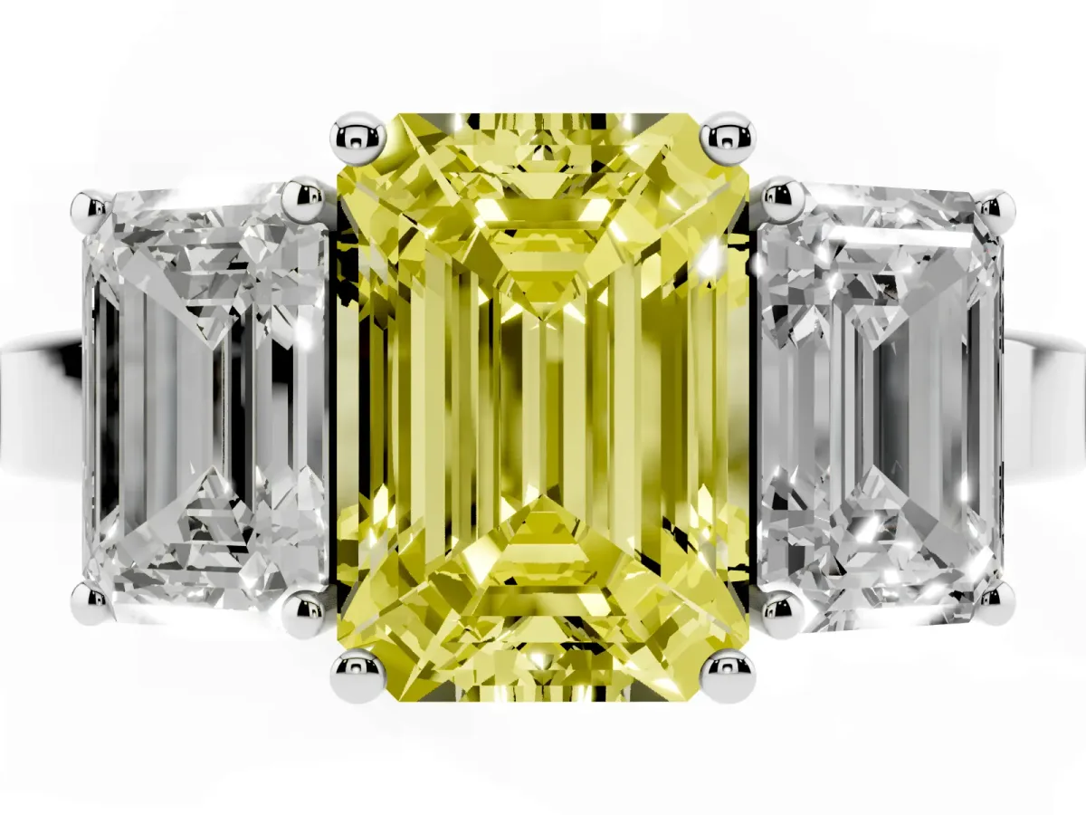 Fancy Yellow Three-Stone Emerald Cut Cut Diamond Engagement Ring with Flat Band and Four-Prong Setting Silver