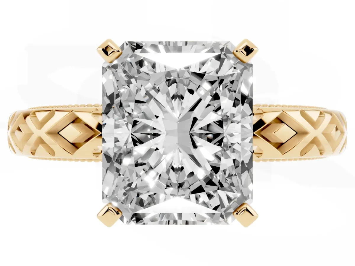 Radiant Cut Solitaire Diamond Ring with Milgrain and Black Enamel X Pattern Band Yellow gold
