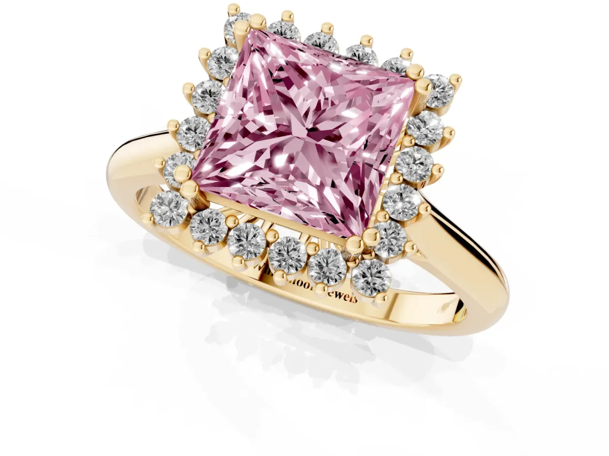 Fancy Pink Princess Cut Cut Diamond Halo Ring with Solitaire Band and Prong Setting Yellow gold