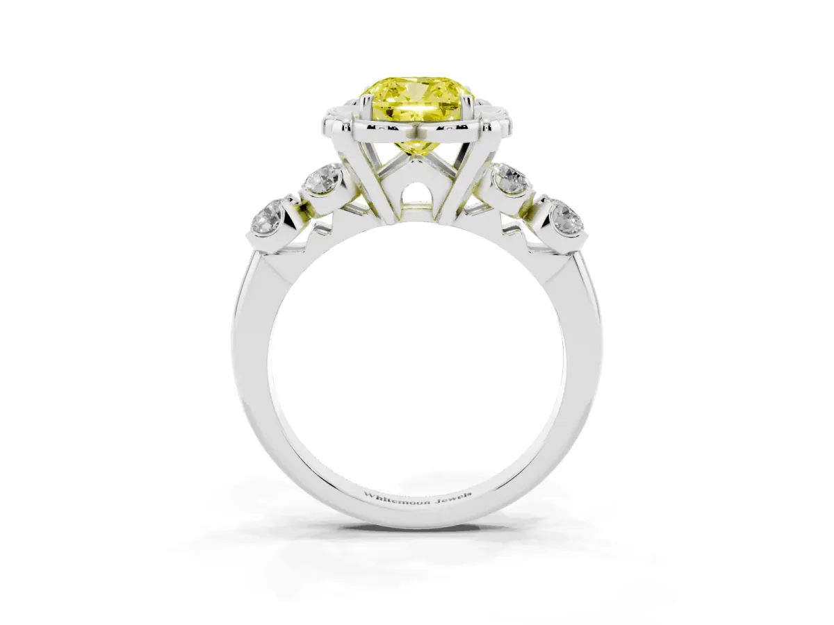 Fancy Yellow Cushion Cut Cut Diamond Floral Halo Engagement Ring with Shared Prong Setting Silver