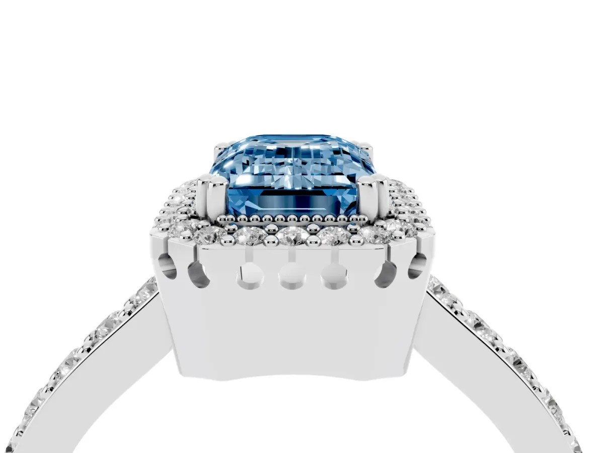 Fancy Blue Emerald Cut Cut Diamond Halo Engagement Ring with Milgrain Detail and Pavé Band White gold