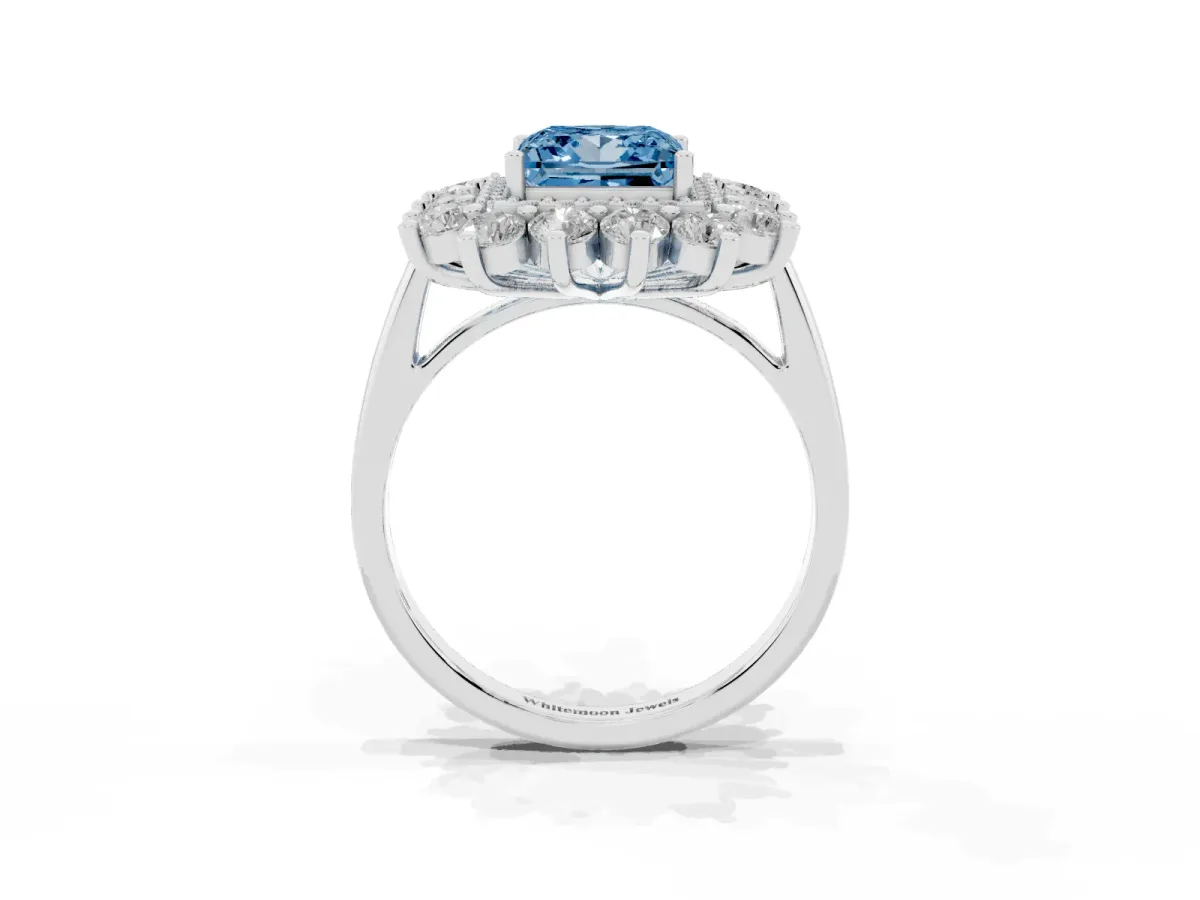 Fancy Blue Princess Cut Diamond Floral Double Halo Engagement Ring with Prong Setting Silver