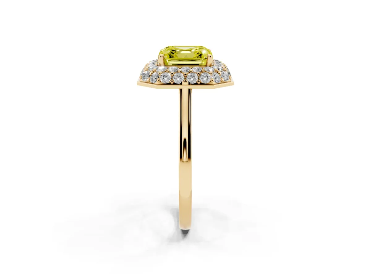 Fancy Yellow Asscher Cut Halo Diamond Engagement Ring with Solitaire Band and Four-Prong Setting Yellow gold