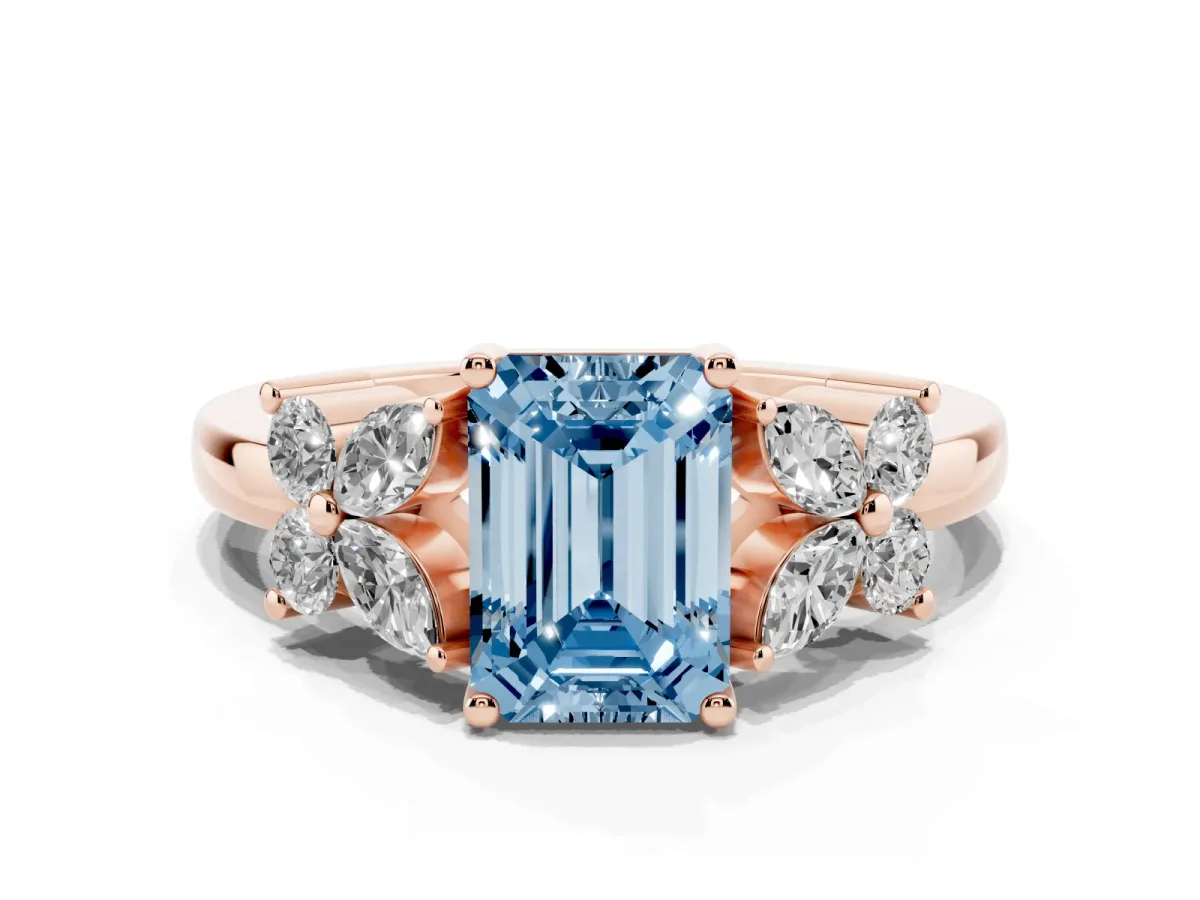 Fancy Blue Emerald Cut Diamond Floral Cluster Ring with Solitaire Band and Prong Setting Rose gold