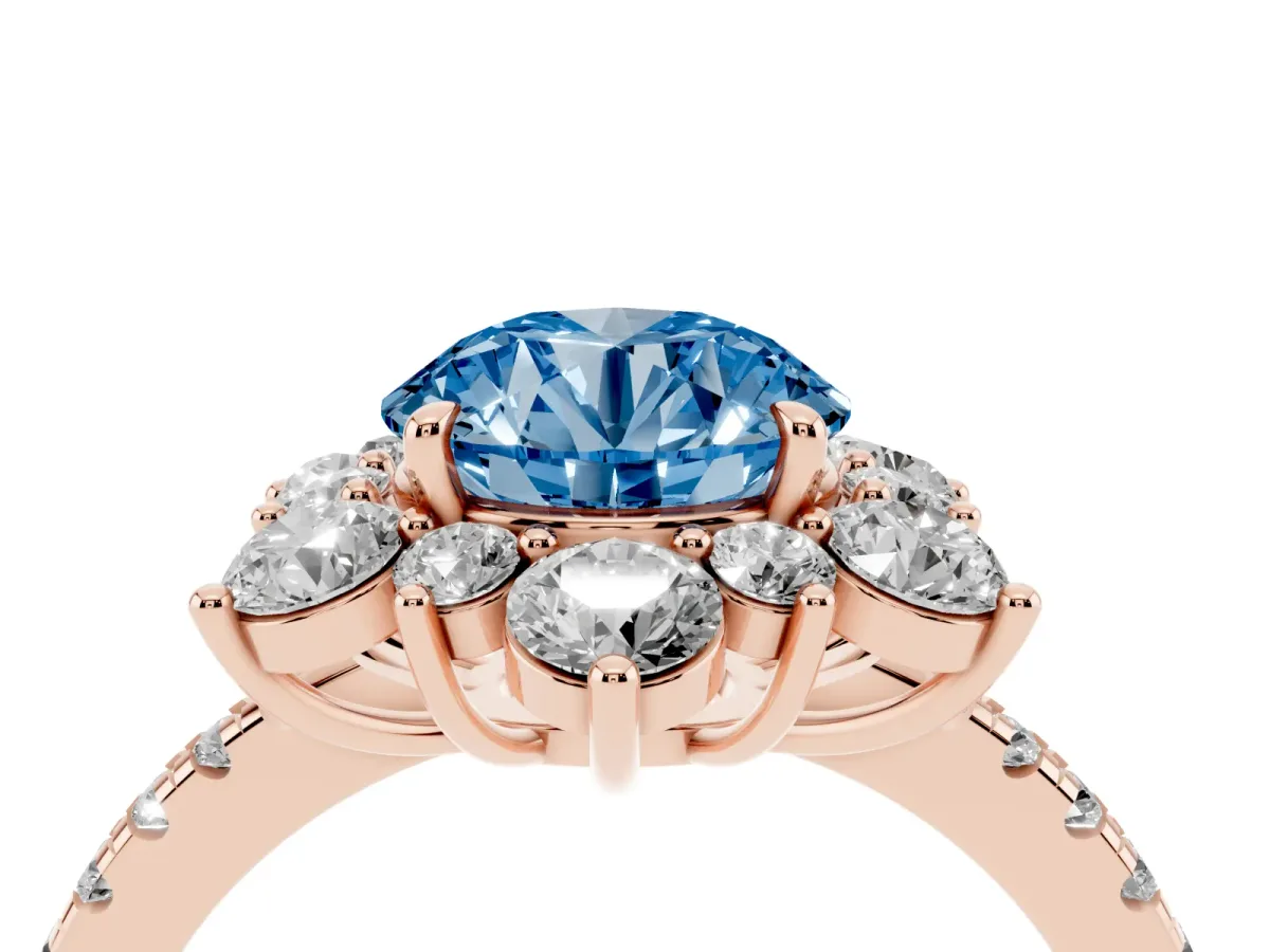 Fancy Blue Round Cut Diamond Floral Halo Ring with Round Pavé Band and Prong Setting Rose gold
