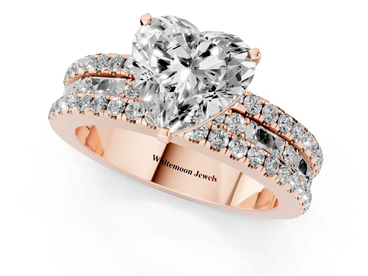 Heart Cut Diamond Solitaire Ring with Pavé and Channel Set Band Rose gold