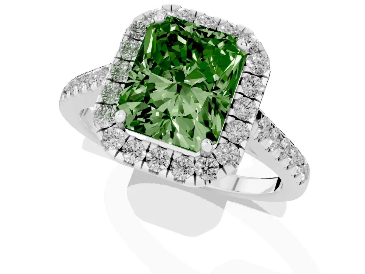 Fancy Green Radiant Cut Halo Pave Diamond Engagement Ring with Four-Prong Setting Silver