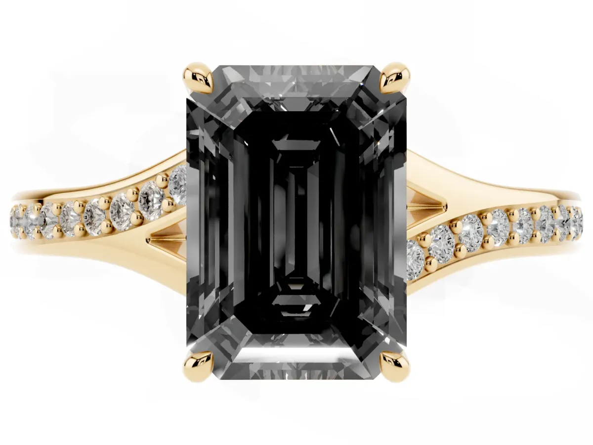Fancy Black Emerald Cut Diamond Solitaire Ring with Pavé Band and Prong Setting Yellow gold