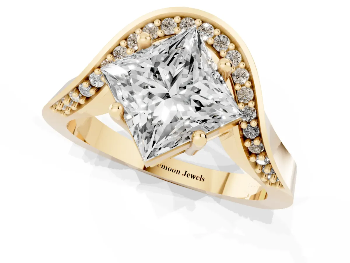 Princess Cut Solitaire Diamond Engagement Ring with Pave Band and Four-Prong Setting Yellow gold