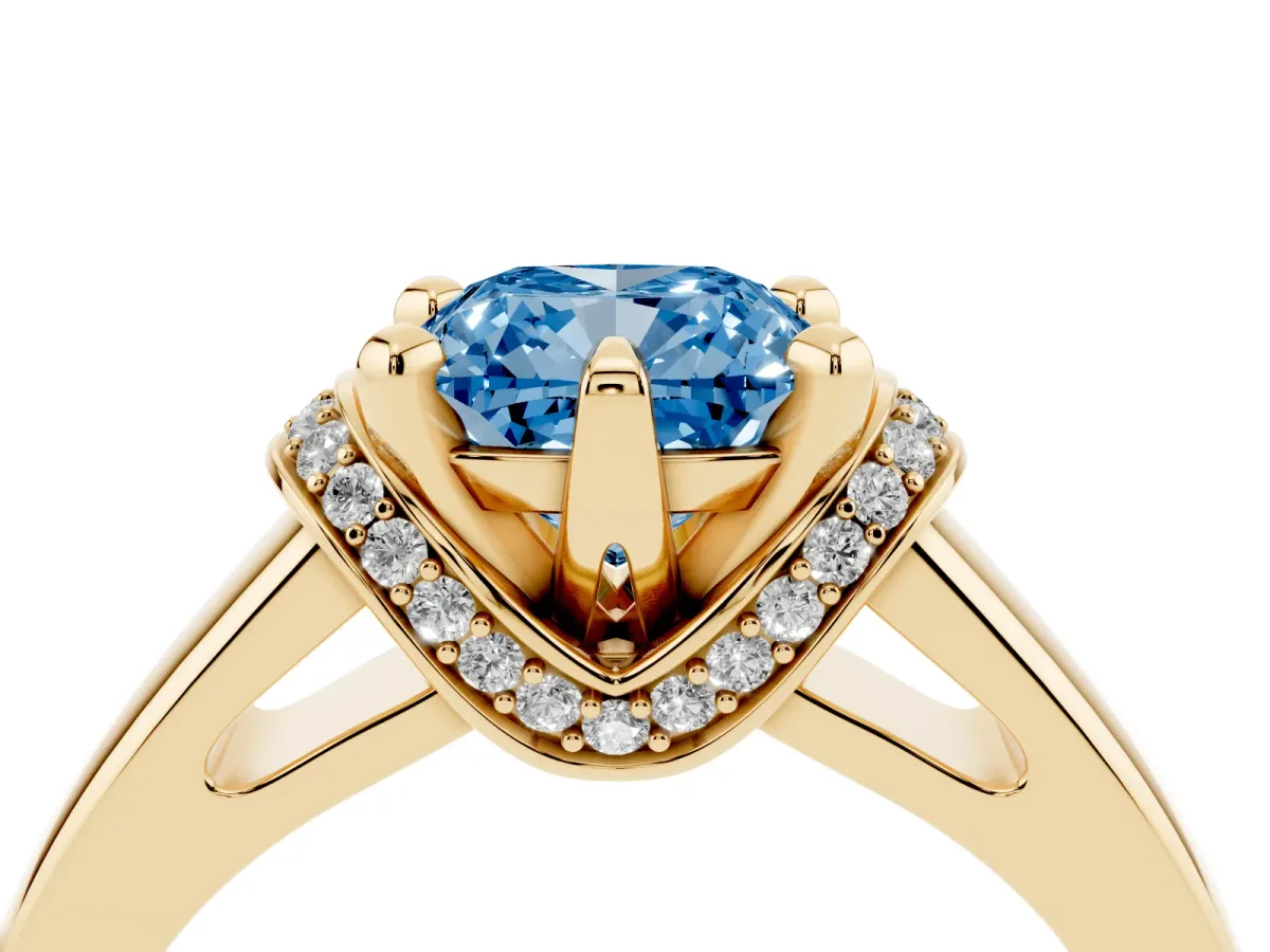 Fancy Blue Cushion Cut Solitaire Diamond Ring with Pave Band and Six-Prong Setting Yellow gold