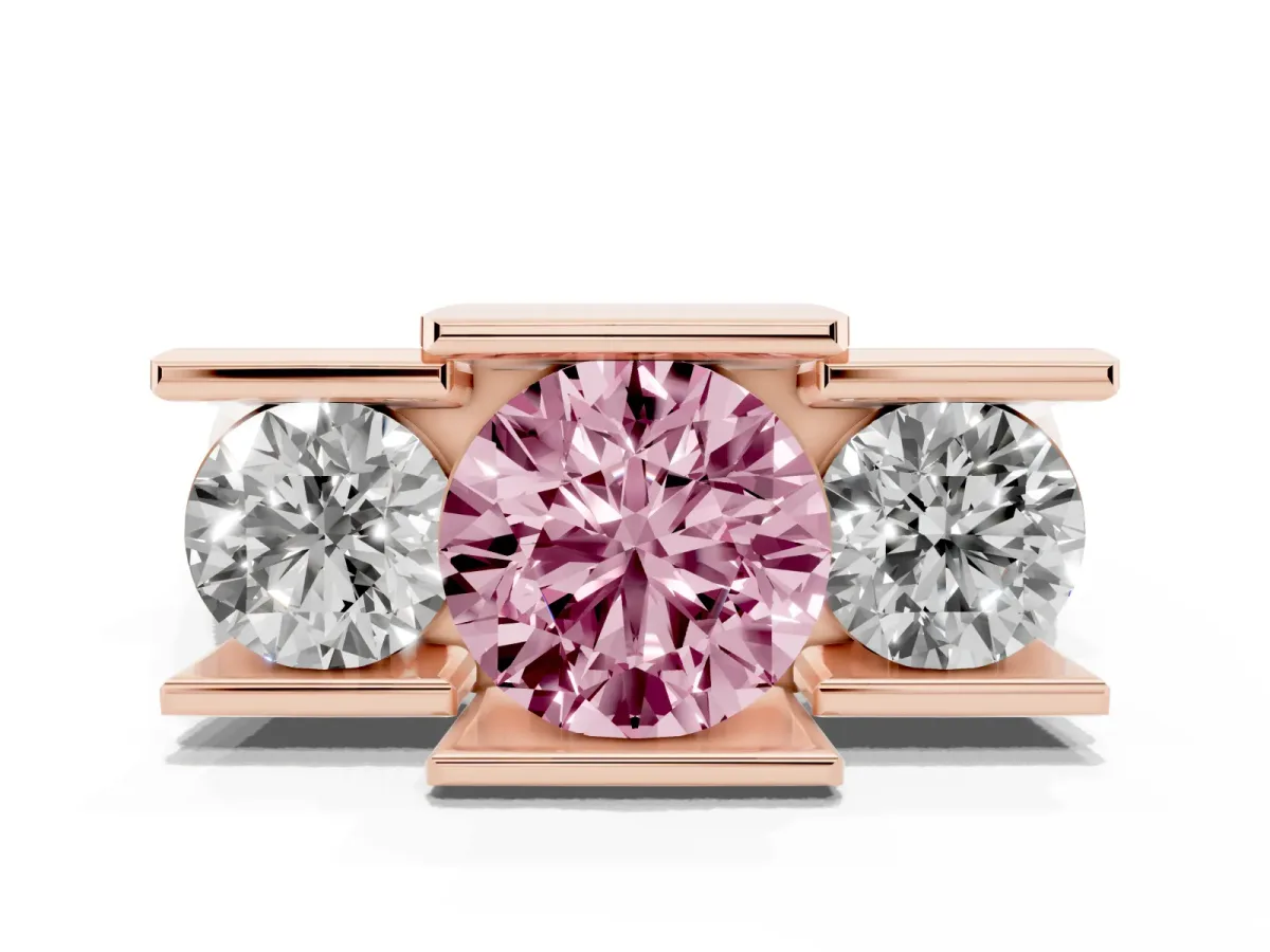 Fancy Pink Three Stone Round Cut Cut Channel Set Diamond Ring Rose gold
