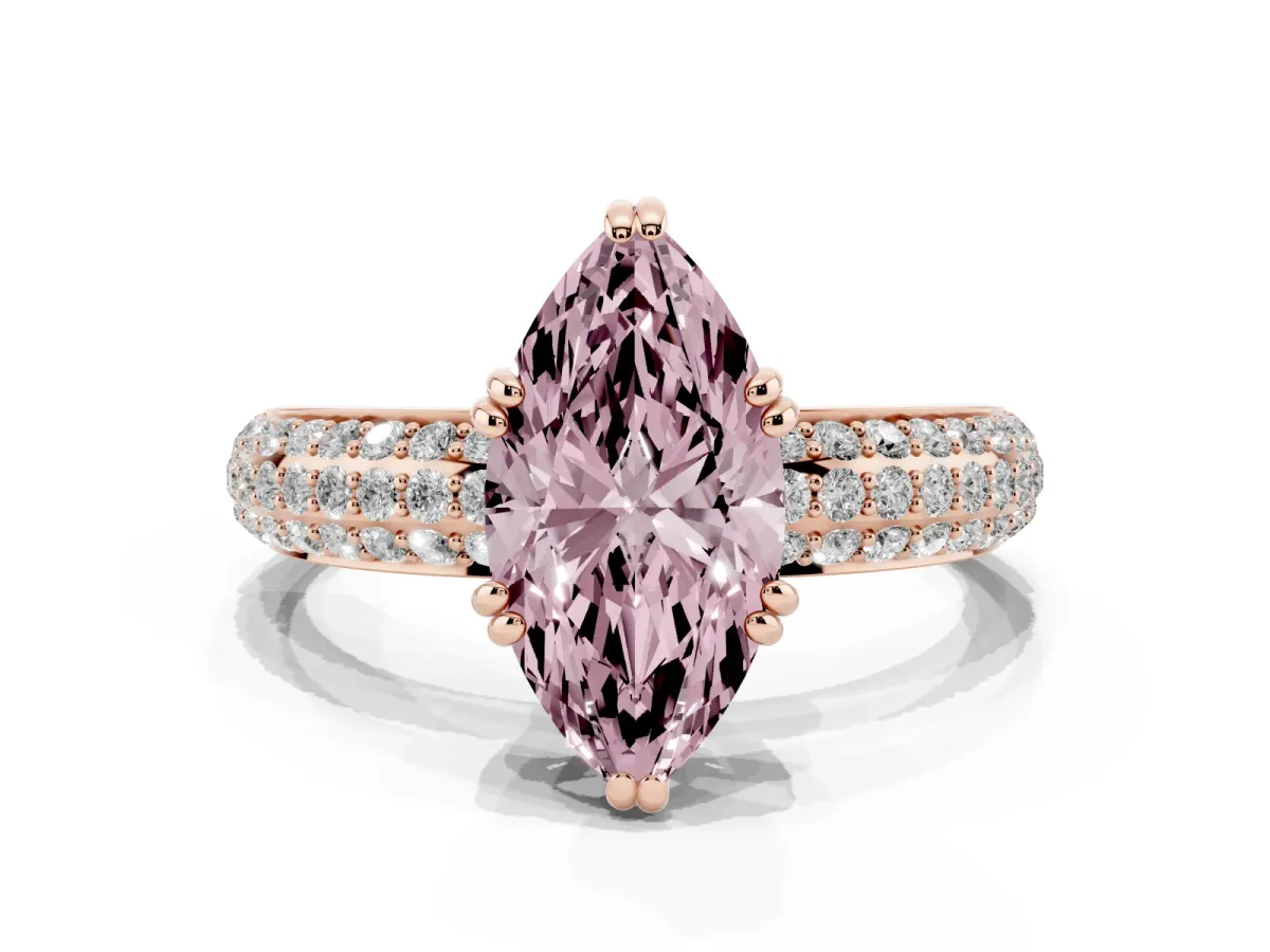 Fancy Pink Marquise Cut Diamond Solitaire Ring with Multi-Row Round Pavé Band and Prong Setting Rose gold