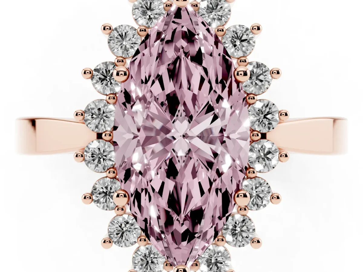 Fancy Pink Marquise Cut Cut Diamond Halo Ring with Round Brilliant Halo and Solitaire Band Rose gold