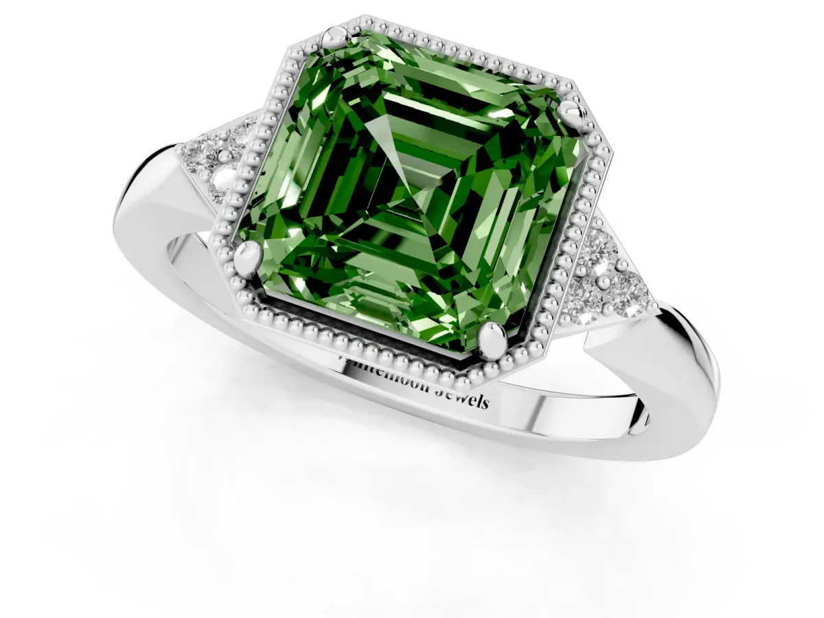 Fancy Green Hexagonal Halo Asscher Cut Diamond Solitaire with Pavé Band and Four-Prong Setting Silver