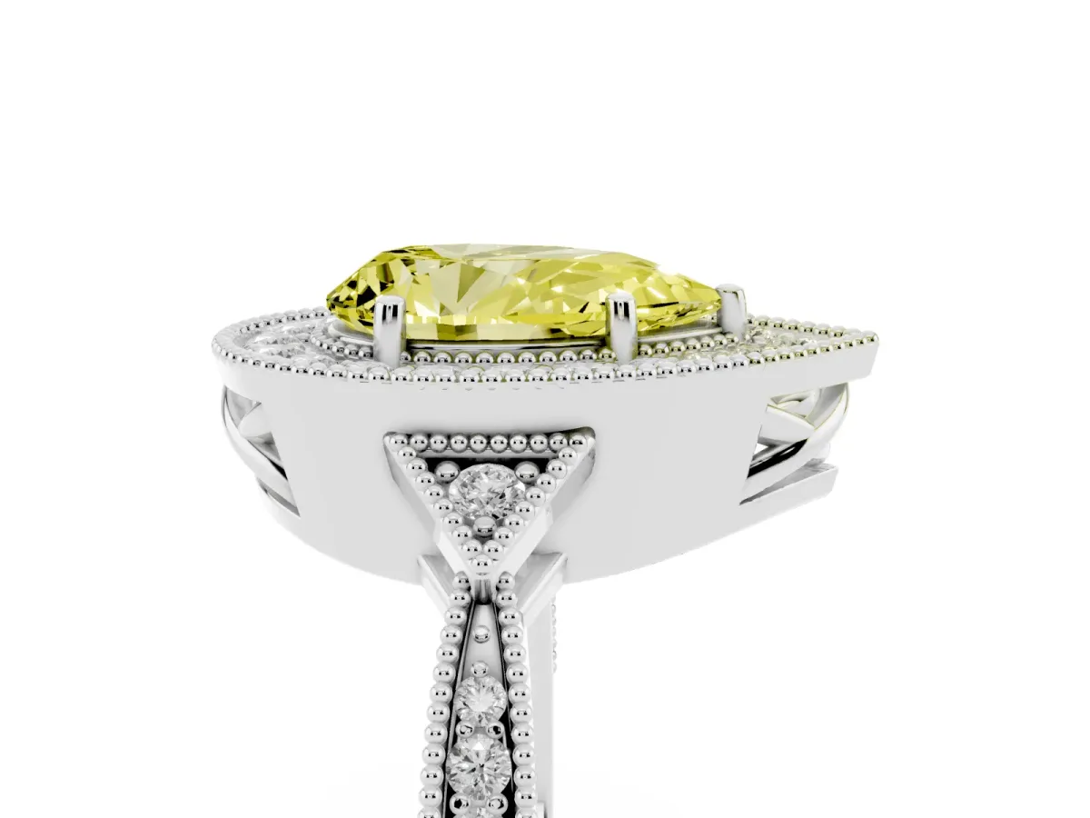 Fancy Yellow Pear Cut Halo Round Diamond Milgrain Pave Engagement Ring Platinum