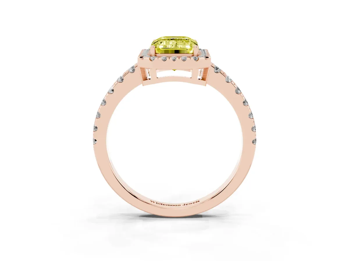 Fancy Yellow Emerald Cut Diamond Halo Ring with Pavé Band and Four-Prong Setting Rose gold
