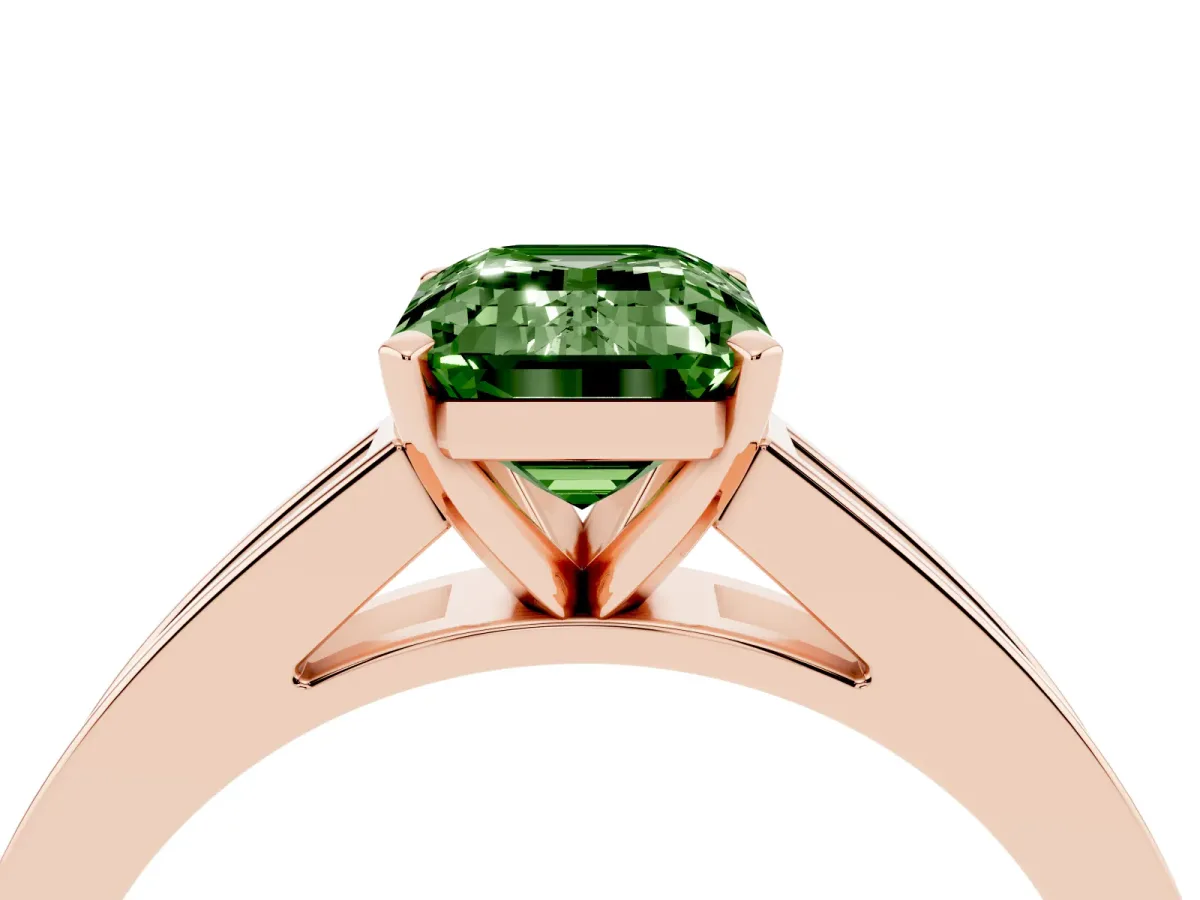 Fancy Green Emerald Cut Solitaire Diamond Ring with Channel-Set Band and Four-Prong Setting Rose gold