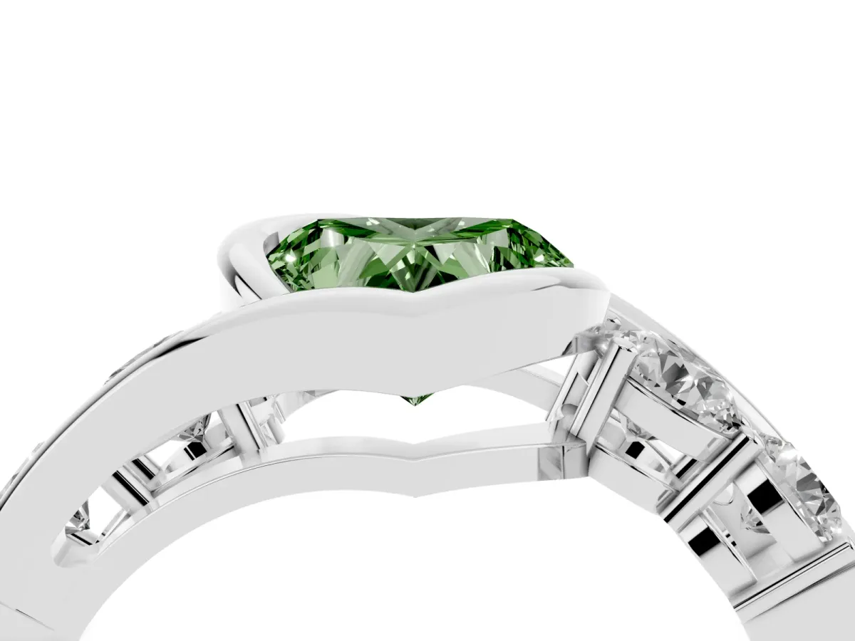 Fancy Green Bezel Set Heart Cut Diamond Bypass Ring with Round Accents Silver