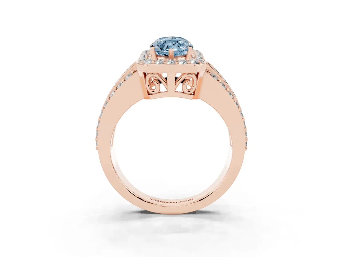 Fancy Blue Marquise Cut Halo Diamond Ring with Round Split Shank and Prong Setting Rose gold