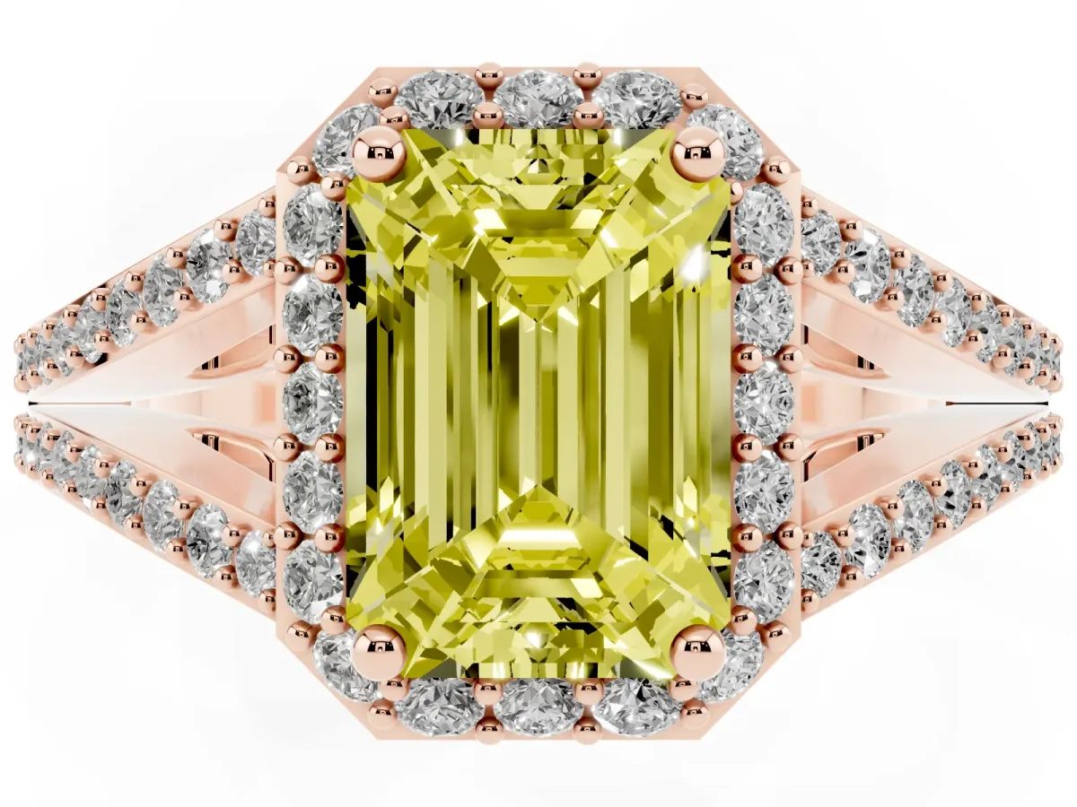 Fancy Yellow Emerald Cut Halo Split Shank Diamond Ring with Prong Setting Rose gold