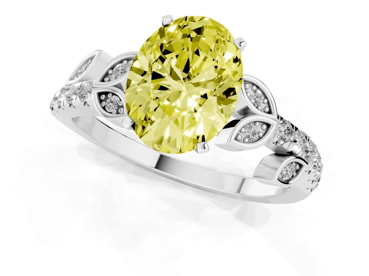 Fancy Yellow Oval Cut Solitaire Leaf-Inspired Diamond Ring with Pavé Band and Four-Prong Setting Silver