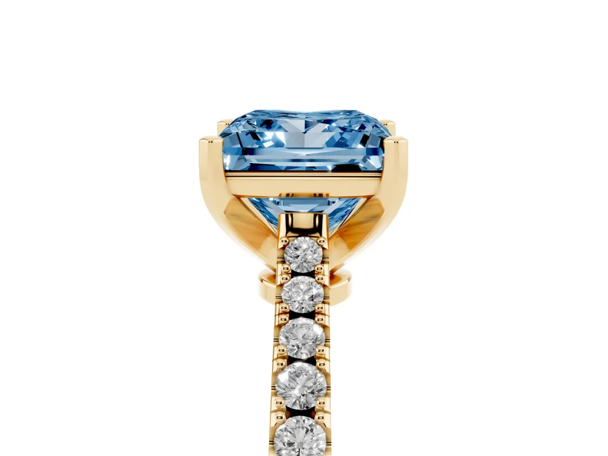 Fancy Blue Princess Cut Cut Solitaire Diamond Engagement Ring with Pave Band and Four-Prong Setting Yellow gold
