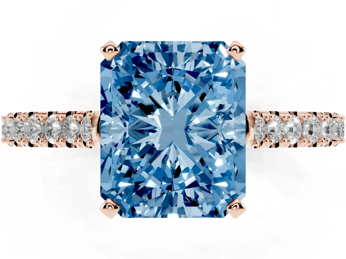 Fancy Blue Radiant Cut Cut Solitaire Diamond Engagement Ring with Pave Band and Four-Prong Setting Rose gold