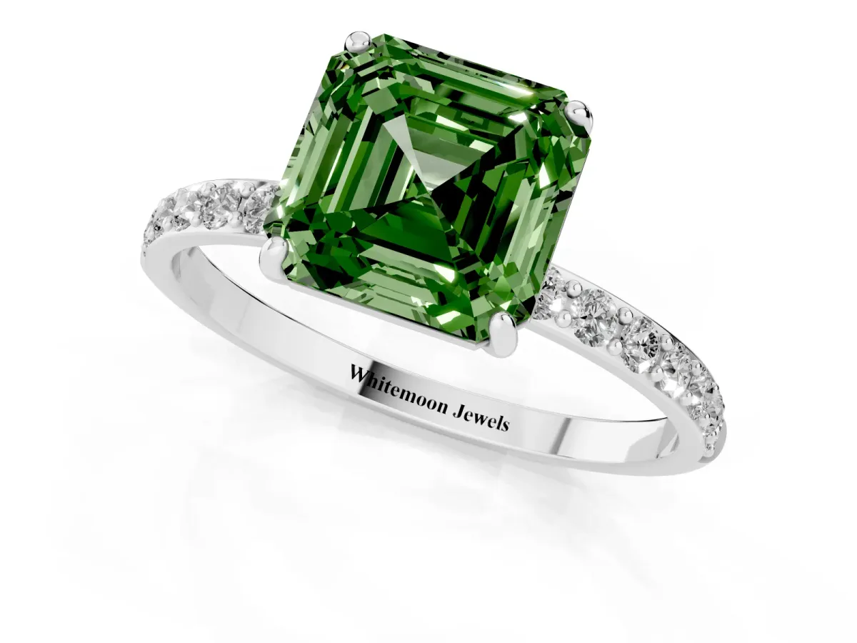 Fancy Green Asscher Cut Diamond Solitaire Ring with Round Pavé Shoulders and Prong Setting Silver