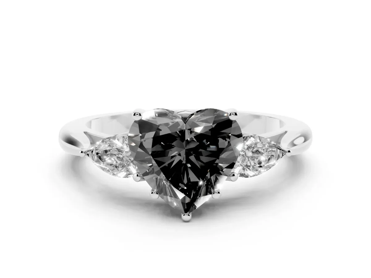 Fancy Black Heart Cut Diamond Three-Stone Ring with Pear Side Stones and Prong Setting Silver