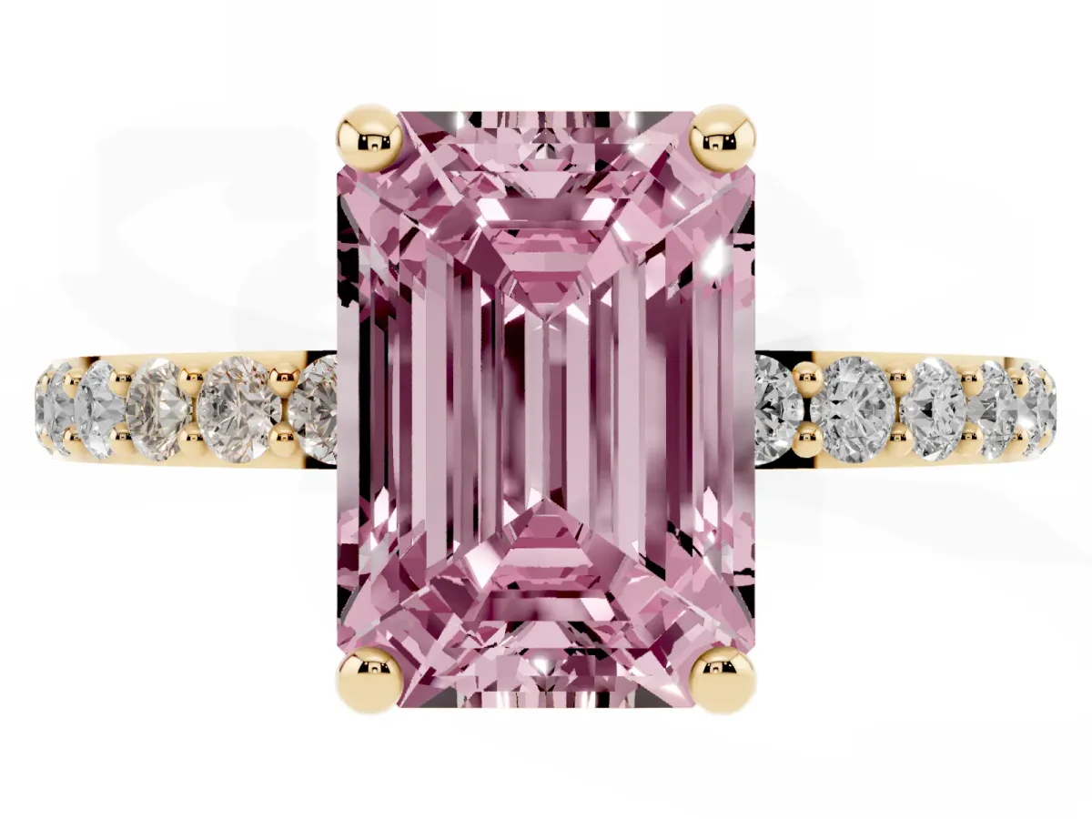 Fancy Pink Emerald Cut Diamond Solitaire Ring with Round Pavé Band and Prong Setting Yellow gold