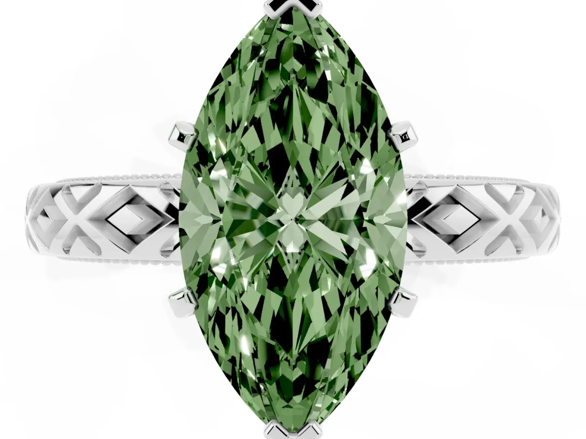 Fancy Green Marquise Cut Solitaire Diamond Ring with Milgrain and Black Enamel X Pattern Band Silver