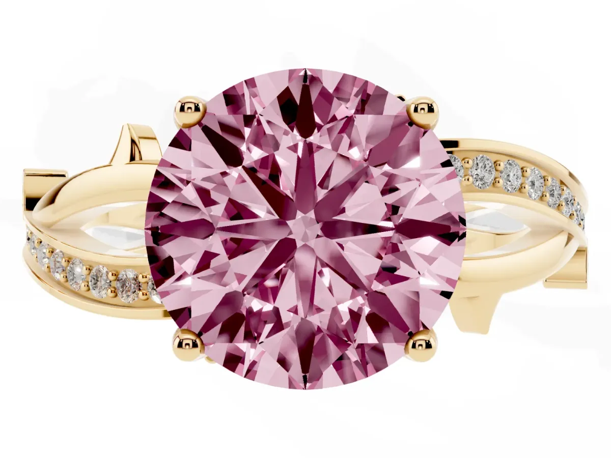 Fancy Pink Round Cut Solitaire Twist Band with Pavé Accents and Four-Prong Setting Yellow gold