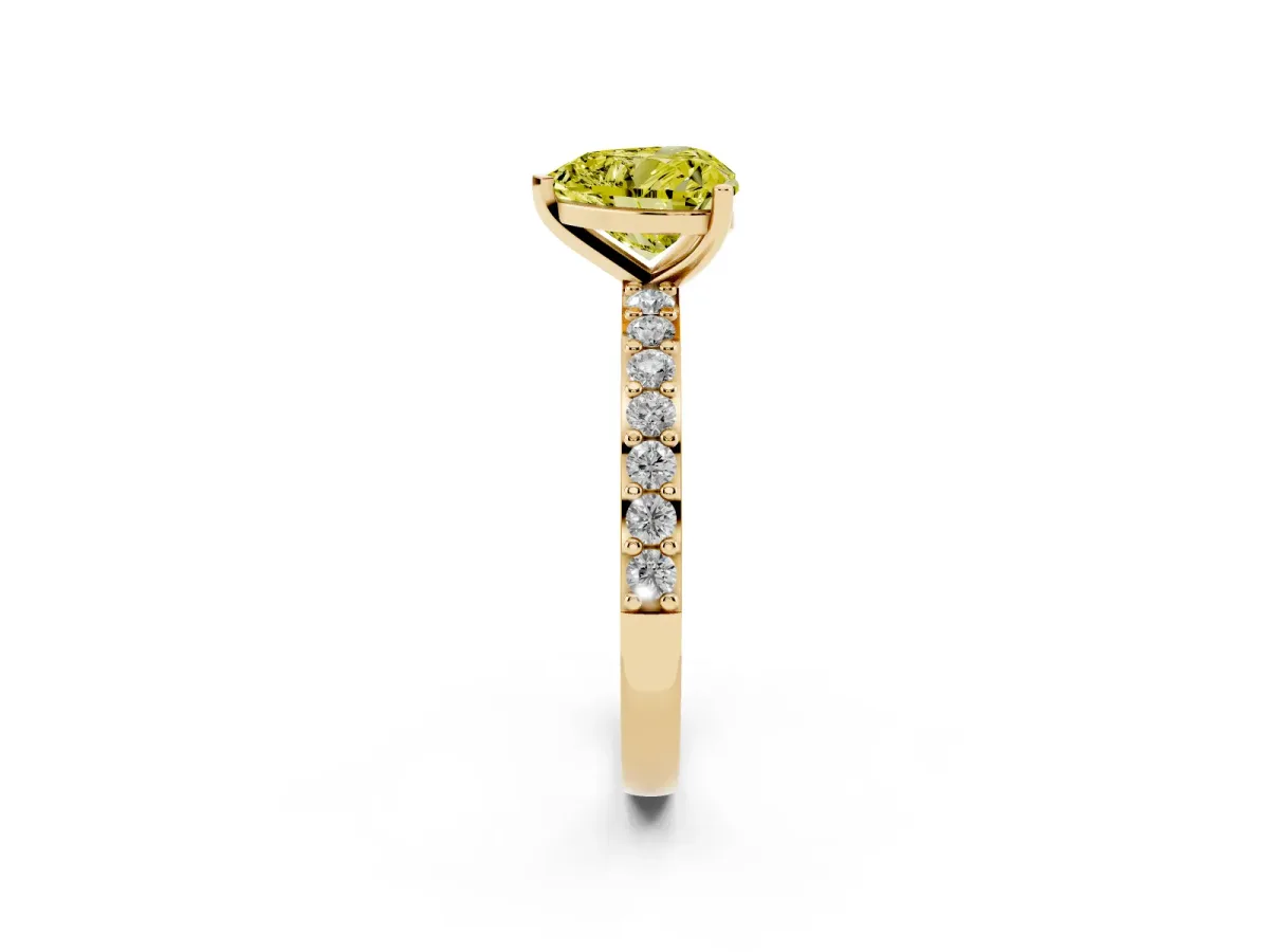 Fancy Yellow Heart Cut Cut Diamond Solitaire with Pave Band and Four-Prong Setting Yellow gold